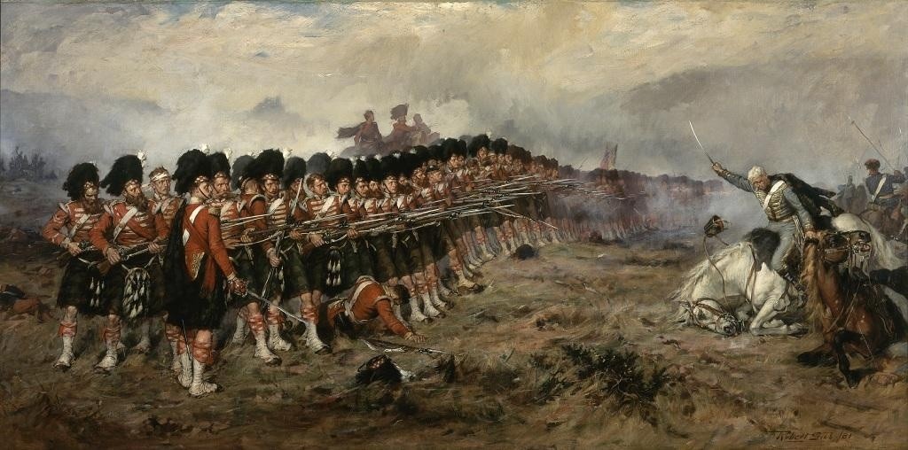 93-й шотландский полк сдерживает атаку русской кавалерии. Тонкая красная линия, полотно Роберта Гибба, 1881 год / DR